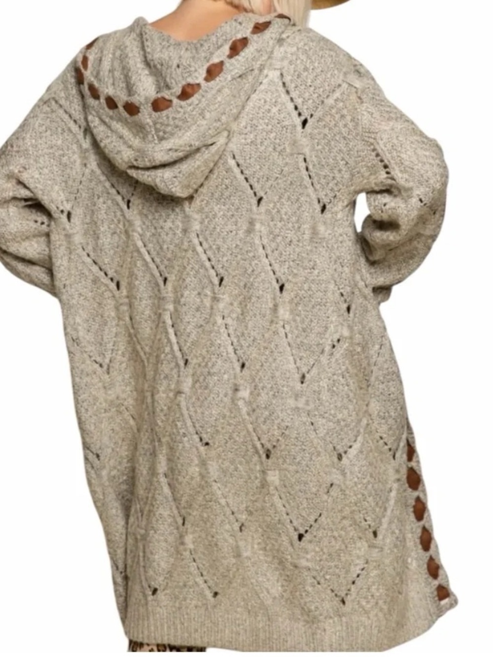 POL Gray Chunky Knit Open Cardigan Sweater with Brown Trim, size Large - Picture 2 of 9